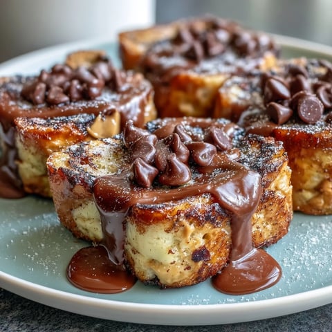 Freshly baked High-Protein Peanut Butter & Chocolate Baked French Toast with gooey chocolate chips and a peanut butter drizzle.