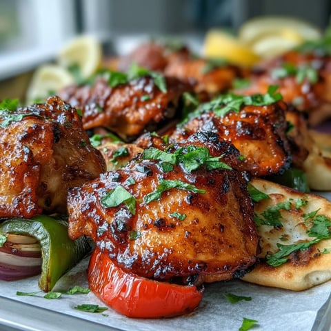 Crispy baked thighs in sweet honey garlic glaze with charred peppers on a sheet pan and warm naan. 