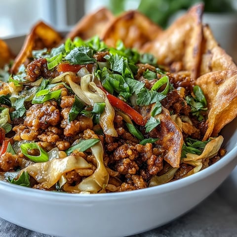 Ranch Turkey & Veggie Egg Roll Bowl topped with wonton strips, green onions, and fresh cilantro.