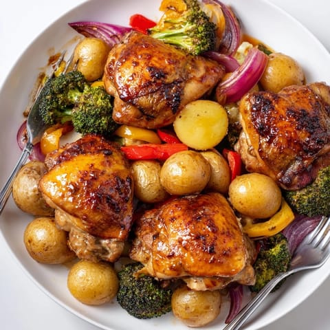 Juicy honey lemon roasted chicken sheet pan served with crisp baby potatoes, broccoli, and red bell pepper.