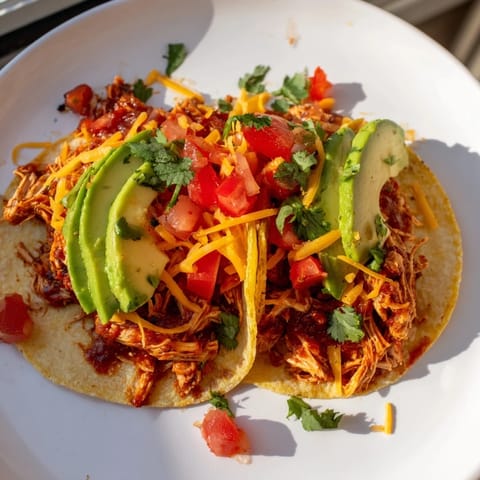 Close-up of Slow Cooker Shredded Chicken Tacos, piled high, with fresh cilantro and a lime wedge.