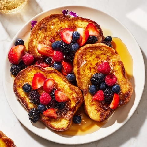 Fluffy French toast, loaded with fresh berries, offering a sweet and satisfying breakfast experience.