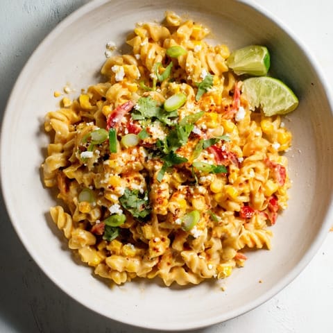 A beautiful bowl of One-Pot Mexican Street Corn Pasta with fresh cilantro and a lime wedge.