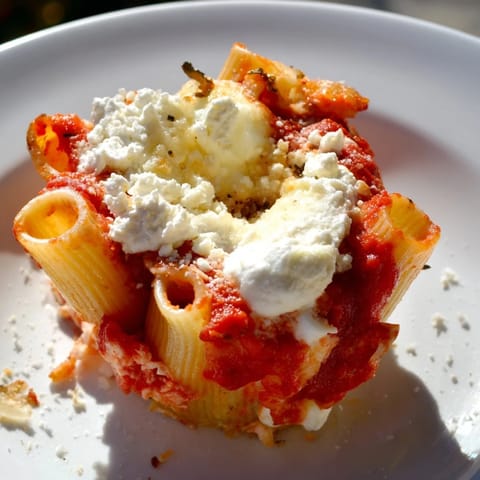 Warm, homemade Baked Ziti Cups, showcasing layers of pasta, ricotta, and a savory tomato base.