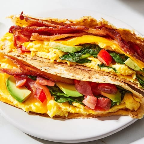 Imagine a close-up of this fully-loaded, crispy breakfast wrap ready to eat with a side.