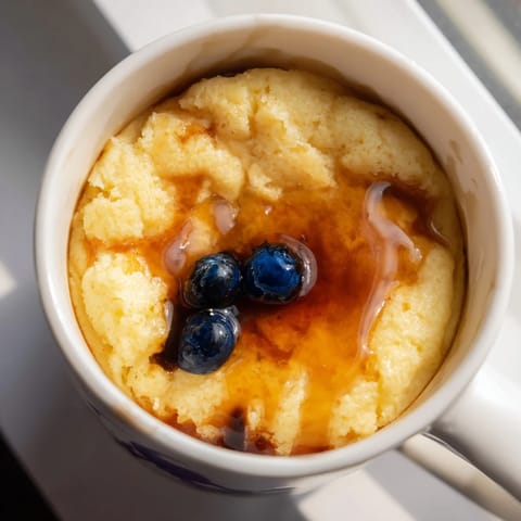 A close-up shot of a microwave mug pancake, warm and inviting, ready for a quick and easy breakfast treat.