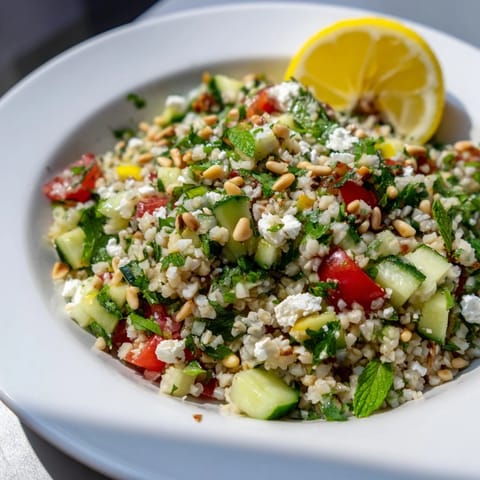 A flavorful Tabbouleh Grain Bowl, drizzled with lemon dressing, is visually appealing and healthy.