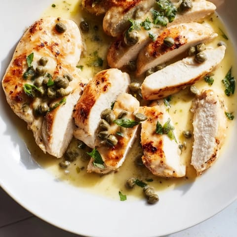 Golden pan-fried Creamy Chicken Piccata with a creamy lemon and caper sauce, served over pasta.  