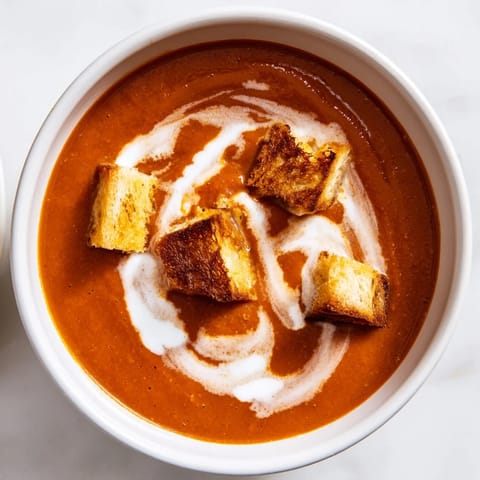 A spoon dips into Roasted Tomato Soup with Grilled Cheese Croutons, revealing the velvety texture and fresh basil garnish, perfect for a comforting family dinner.