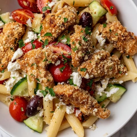 A close-up of Crispy Chicken Greek Pasta showcases tender chicken, Kalamata olives, and fresh parsley on a Mediterranean-inspired plate.  