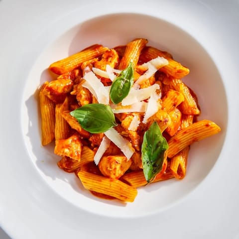 Fresh basil garnish and grated Parmesan cheese top this hearty Tomato Basil Chicken Pasta dish.  