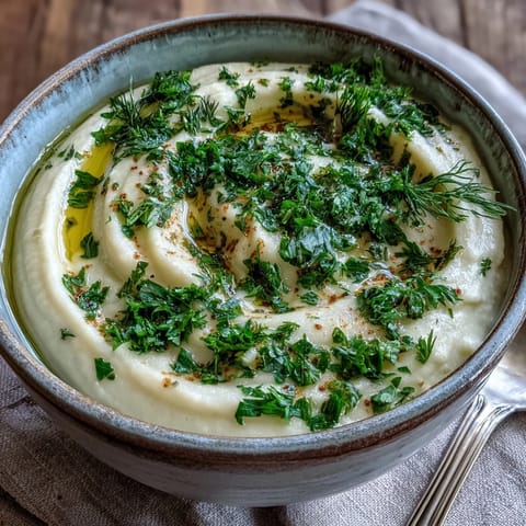 This roasted Parsnip and Herb Soup features golden vegetables and herbs in a comforting, warming bowl.