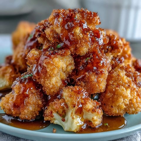 A close-up of Crunchy Baked Hot Honey Cauliflower bites with a crispy panko crust and red pepper flakes.