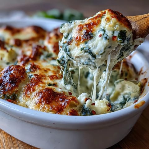 Creamy Spinach Artichoke Dip is baked until golden, steaming gently beside colorful vegetable sticks for a delicious party appetizer.