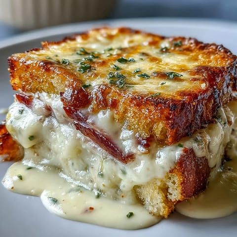 Freshly baked Croque Monsieur Casserole served alongside a crisp green salad.