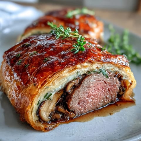 Beef Wellington sliced on a rustic board to show succulent, medium-rare tenderloin and rich mushroom filling, ready to be served with red wine sauce at a dinner party.