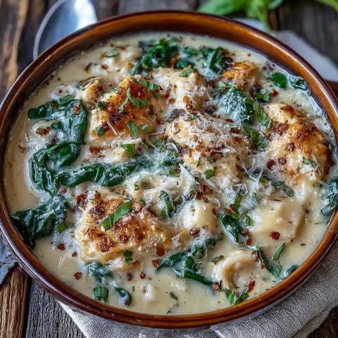 Rich, velvety Garlic Parmesan Chicken Soup in a white bowl, topped with extra Parmesan and herbs.