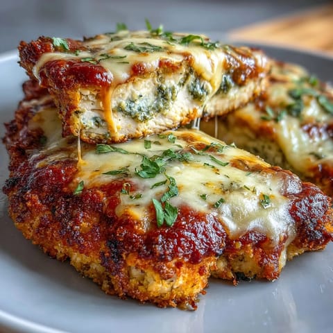 Fresh basil pesto and marinara sauce layered on baked Pesto Chicken Parmesan.