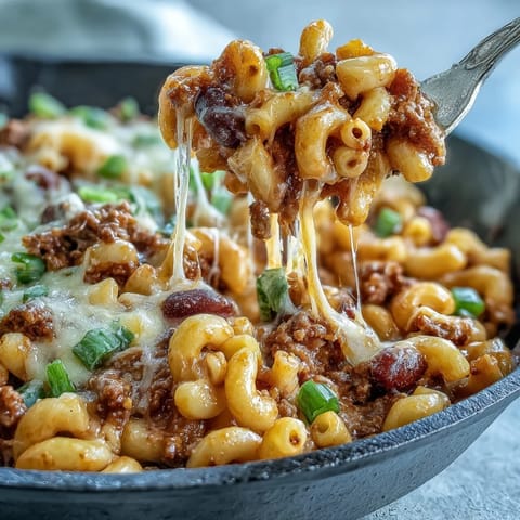 A hearty bowl of One-Pan High Protein Chili Mac features ground beef, macaroni, and a creamy, smoky red sauce.