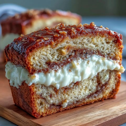 A whole loaf of Cream Cheese Cinnamon Swirl Banana Bread cooling on a wire rack next to ripe bananas. 