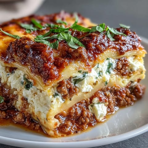 Layers of Worlds Best Lasagna reveal rich meat sauce and creamy ricotta filling.
