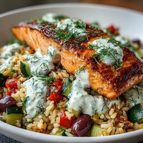 A forkful of golden crispy rice with salmon and creamy lemon-yogurt drizzle, ready to serve.