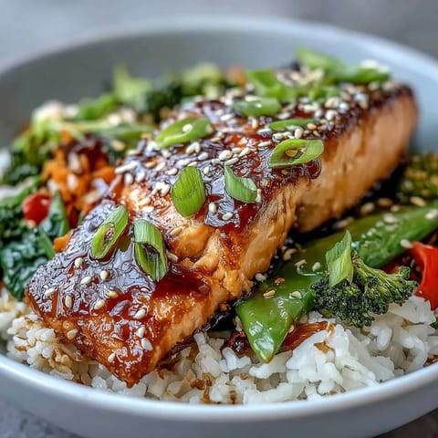 A close-up of a Teriyaki Salmon Bowl shows glossy salmon on white rice surrounded by colorful bell peppers and broccoli.