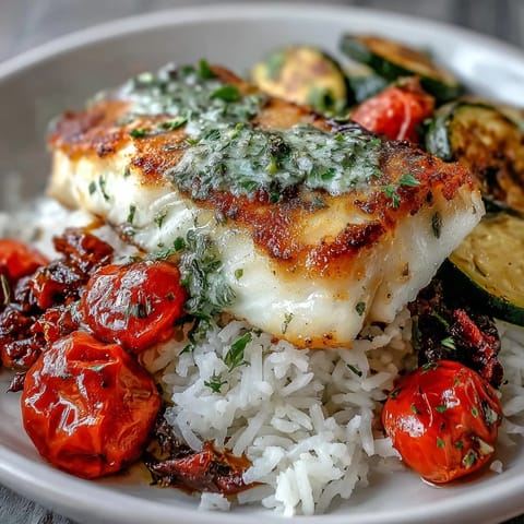 Savory pan-seared fish bowl featuring tender white fish, steamed rice, and caramelized vegetables, ready for a healthy dinner.