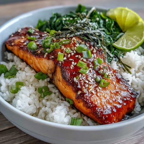 Four glazed salmon fillets broiled to caramelized perfection, arranged over jasmine rice and sautéed spinach with ginger.