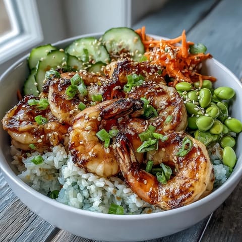 Overhead view of a vibrant Asian Shrimp Bowl with grilled shrimp, edamame, and carrot on fluffy rice.