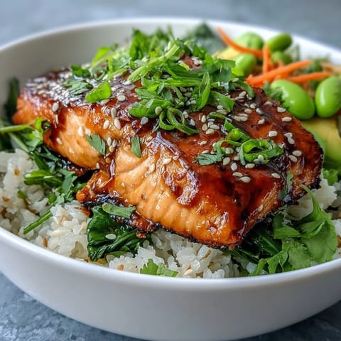 Golden-brown soy ginger salmon glazed and resting on fluffy jasmine rice with colorful stir-fried vegetables in a bowl.