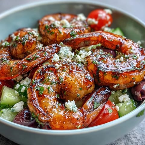 Tasty Greek Shrimp Bowl featuring plump grilled shrimp, creamy feta, crisp veggies, and a bright lemon dressing.