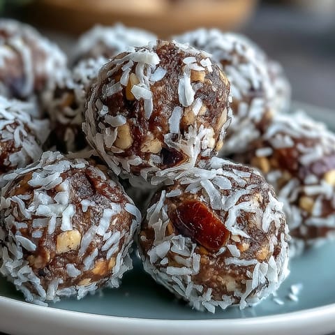Twelve Hojicha Energy Balls rolled in shredded coconut, showing a rustic brown texture and nutty finish for a healthy snack.