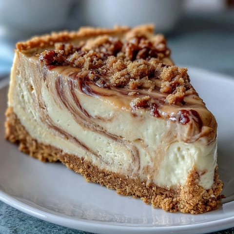 A slice of Hojicha Cheesecake features a marbled, tan-and-cream filling and a golden graham cracker crust on a plate.
