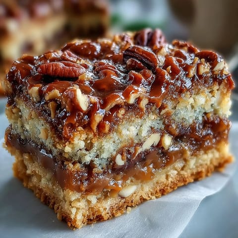 Slices of moist Christmas Toffee Crunch Cake plated with whipped cream and a drizzle of caramel sauce.