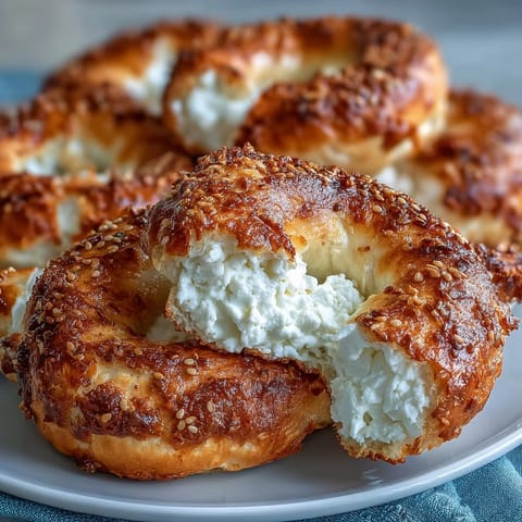 Two warm, chewy Greek Yogurt Bagels on a wooden cutting board with a knife and fresh toppings.