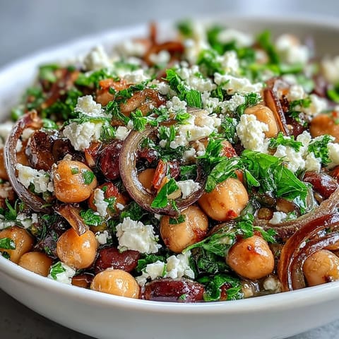 Freshly chopped parsley and thinly sliced red onion garnish the marinated bean salad, ready to serve.
