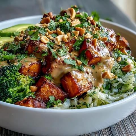 Colorful Thai Peanut Sweet Potato Buddha Bowl with shredded cabbage, grated carrots, sliced avocado, and fresh cilantro garnish.