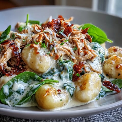 Steamy Creamy Spinach & Parmesan Gnocchi with Chicken served in a rustic bowl with crusty bread.