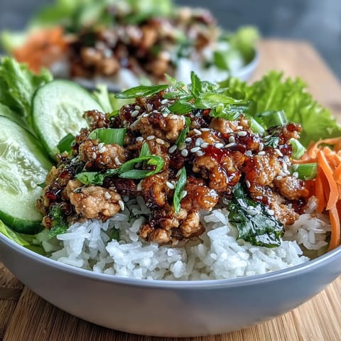 Freshly cooked Korean sesame turkey sizzling in a skillet next to crisp lettuce leaves and colorful carrot ribbons for a vibrant bowl.