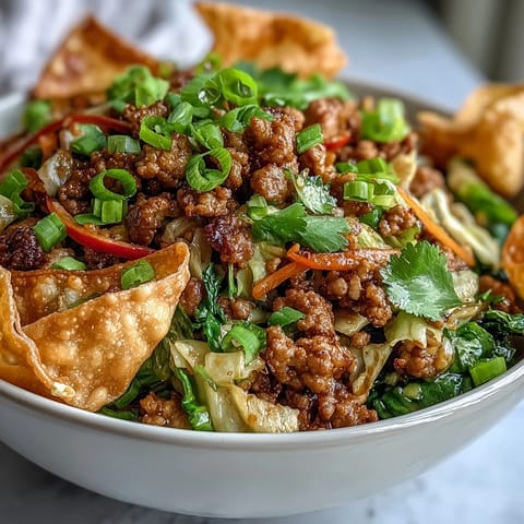 A sizzling skillet of Ranch Turkey & Veggie Egg Roll Bowl with red cabbage and bell peppers.