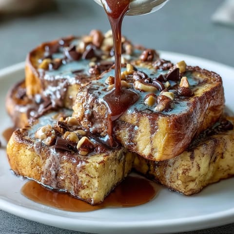 A generous slice of warm High-Protein Peanut Butter & Chocolate Baked French Toast drizzled with maple syrup.