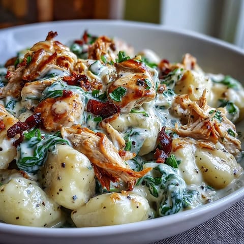 Creamy Spinach & Parmesan Gnocchi with Chicken tossed in garlic cream sauce and wilted spinach.