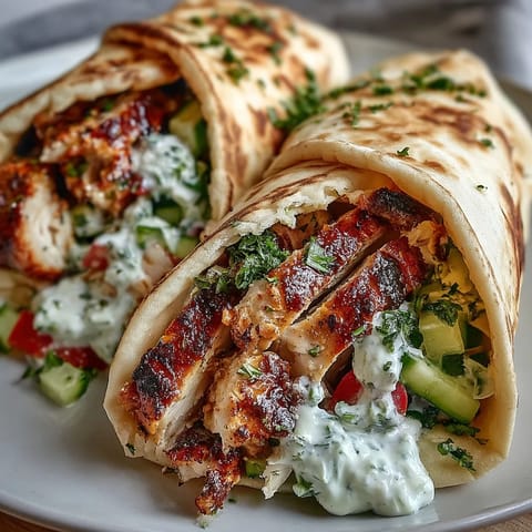 Tangy Greek yogurt sauce drizzled over tender chicken and fresh salad inside soft pita.