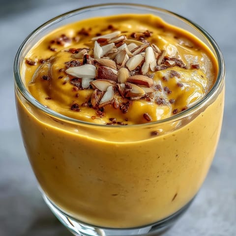 Creamy Vegan Mango Turmeric Golden Milk Smoothie in a glass with cinnamon garnish.