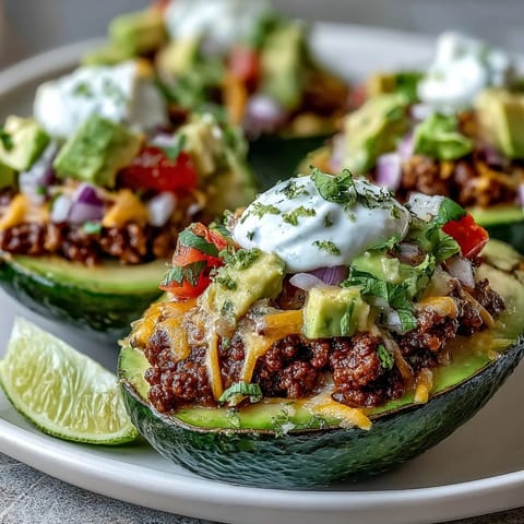 Platter of Keto Taco Stuffed Avocados topped with sour cream and chopped cilantro, served as a satisfying Mexican-inspired meal.