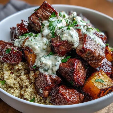 Hearty garlic herb steak bowls with roasted butternut squash, quinoa, and creamy herb sauce, perfect for a satisfying dinner.  