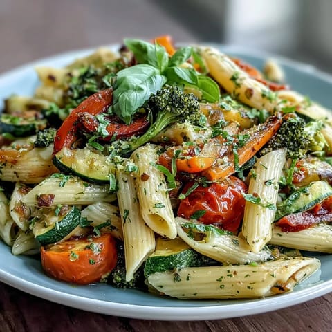 Creamy vegan one-pot pasta primavera bursting with seasonal vegetables, fragrant basil, and a hint of lemon zest.  