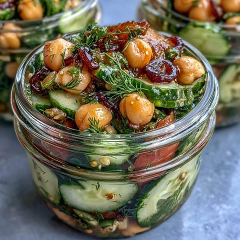 Crisp cucumber, juicy tomatoes, and tender chickpeas shine in these make-ahead salad jars, drizzled with refreshing citrus herb dressing for maximum flavor.  