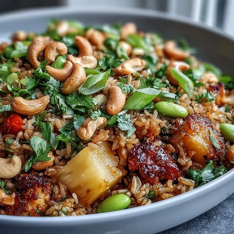 Vibrant vegan pineapple fried rice with cauliflower and edamame, packed with colorful veggies and tropical sweetness.  